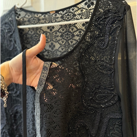 Free People Sheer Blouse with Crochet and beaded details size Large - Picture 16 of 17